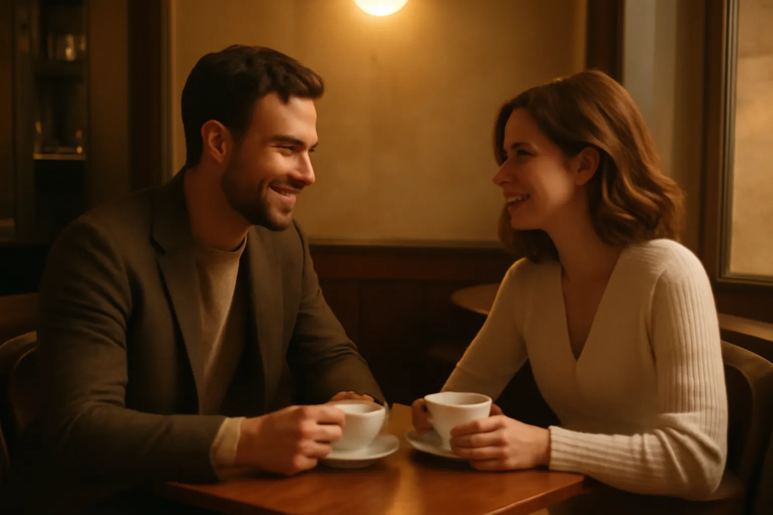 Couple lors d'un premier rendez-vous en ligne dans un cafe