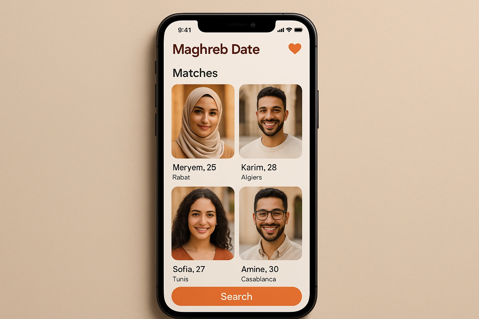Interface du site Amour Maghreb sur smartphone avec des profils de célibataires maghrébins