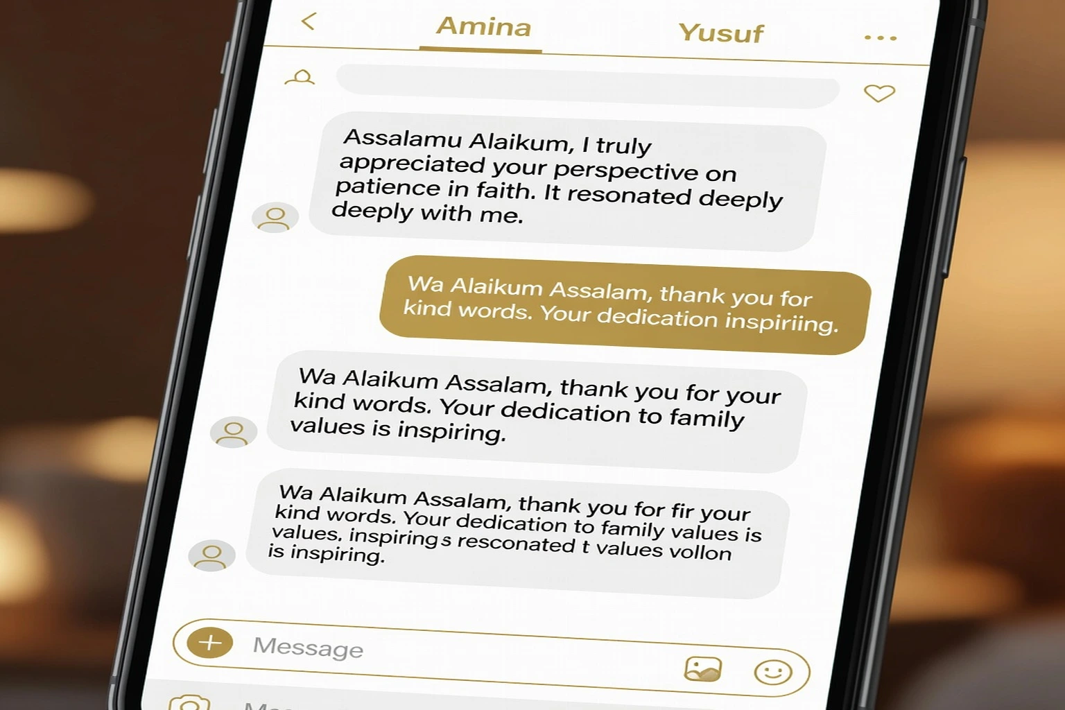 Interface de chat Inchallah.com avec une conversation sincère et personnalisée
