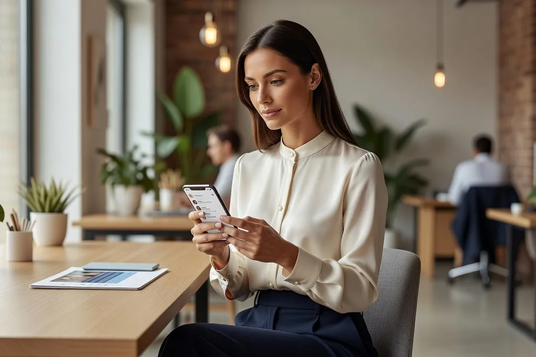 Utilisatrice consultant une application de rencontre halal dans un espace de coworking