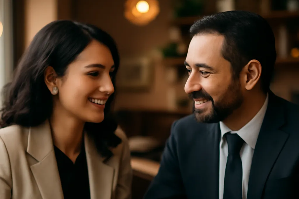 Couple échangeant lors d'une première rencontre sérieuse dans un café