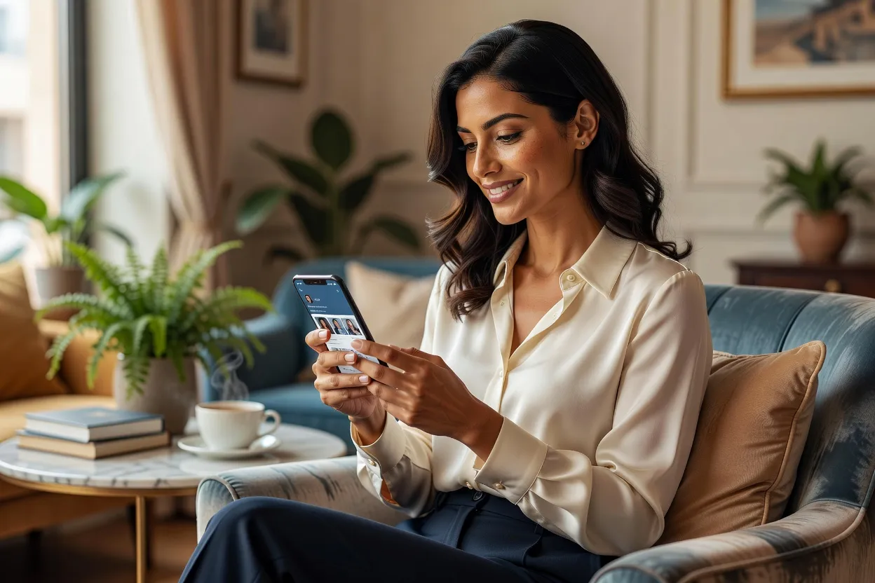 Femme d’origine maghrébine consultant une application de rencontre avec un sourire réfléchi dans son salon