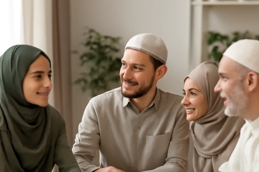 Famille musulmane réunie autour d'une discussion bienveillante sur un projet de mariage