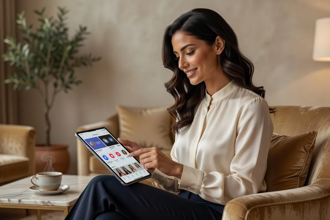 Femme d'origine maghrébine comparant plusieurs applications de rencontre sur sa tablette