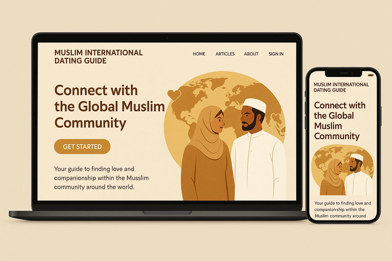 Page d'accueil de Meetine.net affichée sur un ordinateur portable et un smartphone, thème rencontre internationale musulmane
