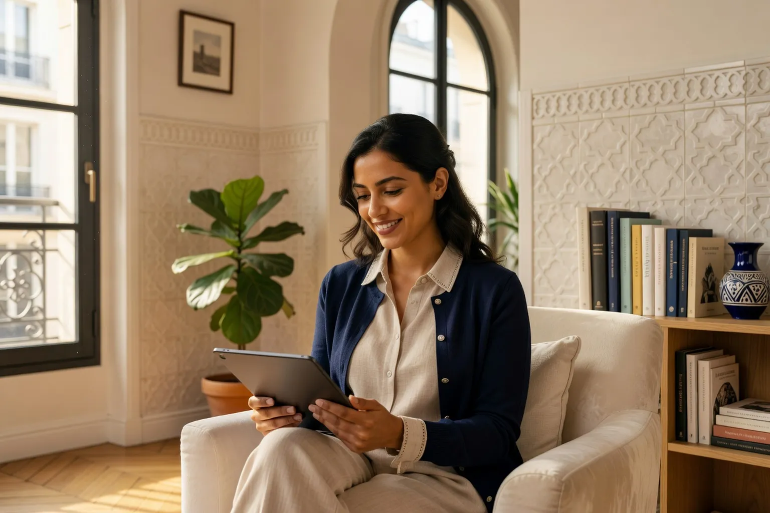 Smartphone double écran AmourMaghreb vs Inchallah, mains tenant le téléphone, café marocain