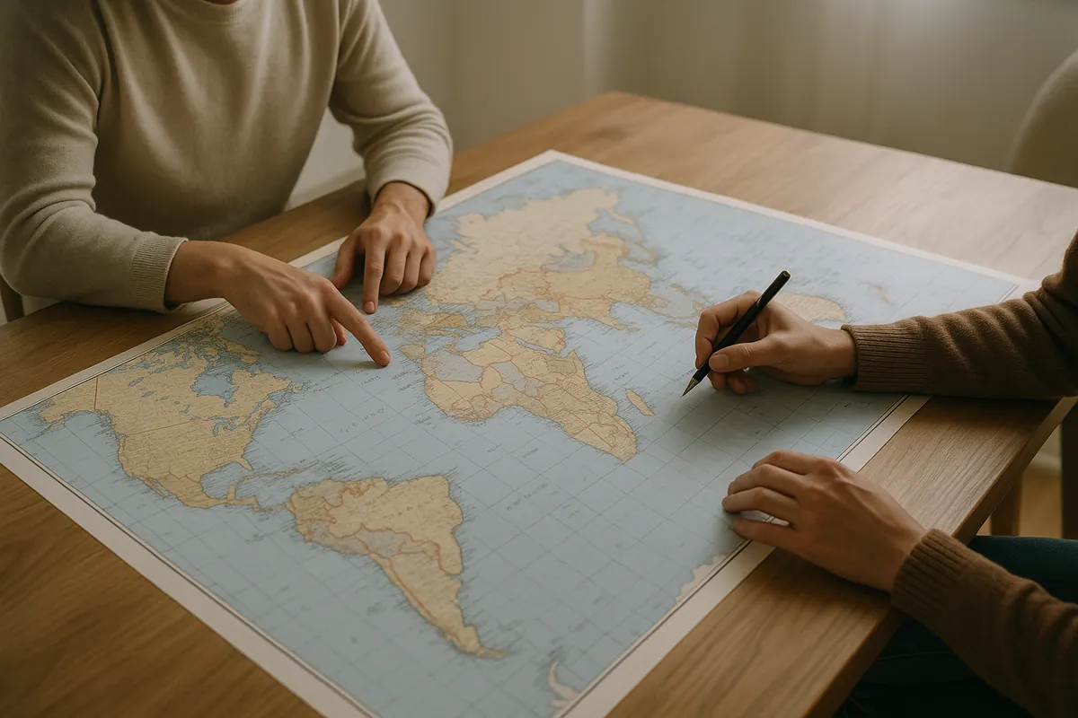 Couple musulman consultant une carte du monde pour choisir leur futur lieu de vie