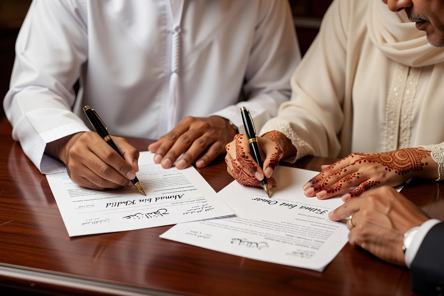 Couple musulman signant un contrat de mariage chez le notaire en France