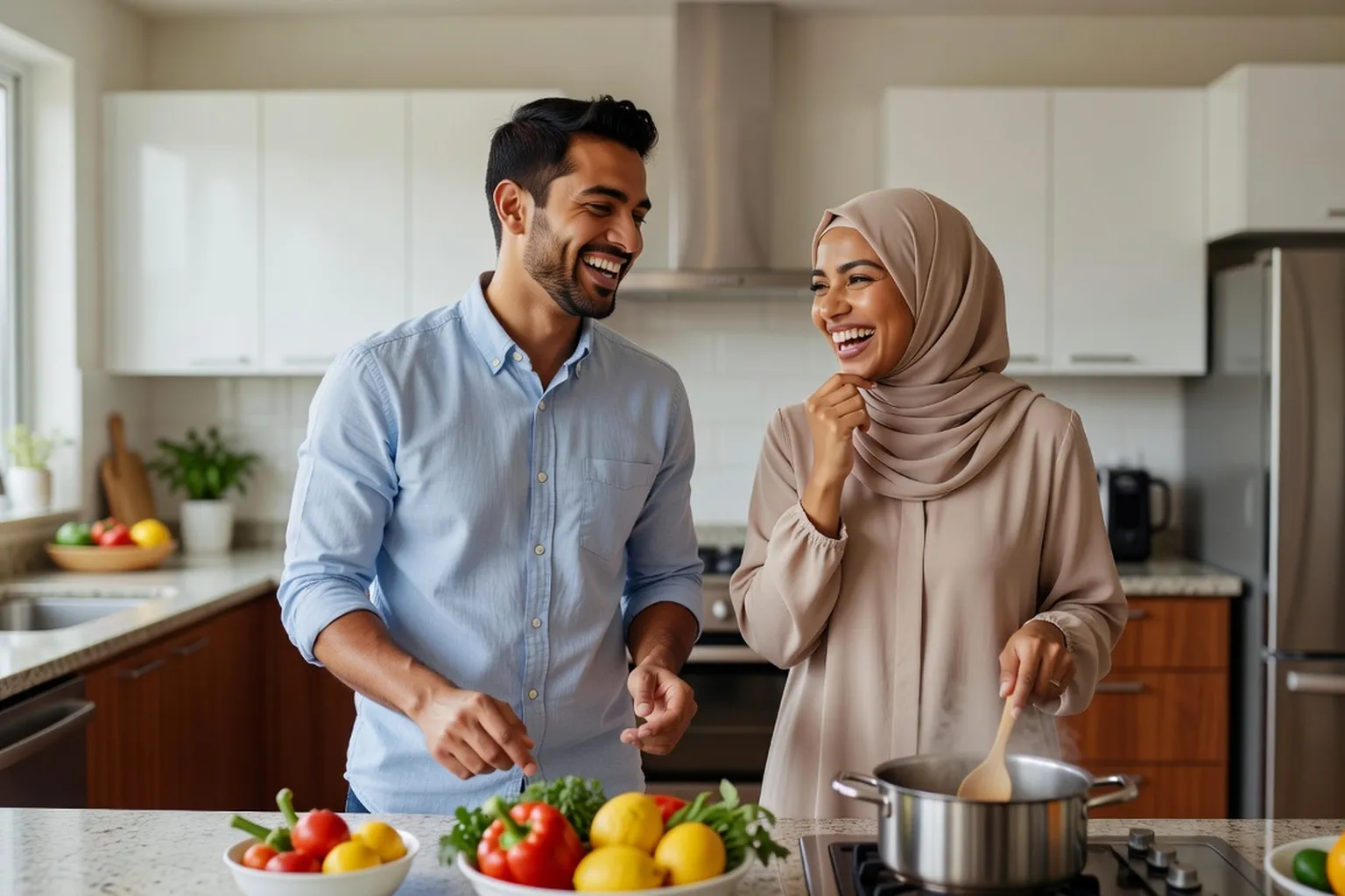 Couple partageant un moment de complicité et de rire à la maison