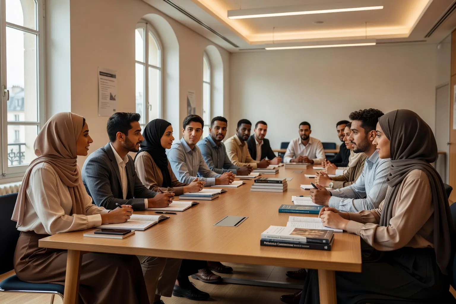 Salle de séminaire universitaire avec étudiants masculins/féminins maghrébins en discussion