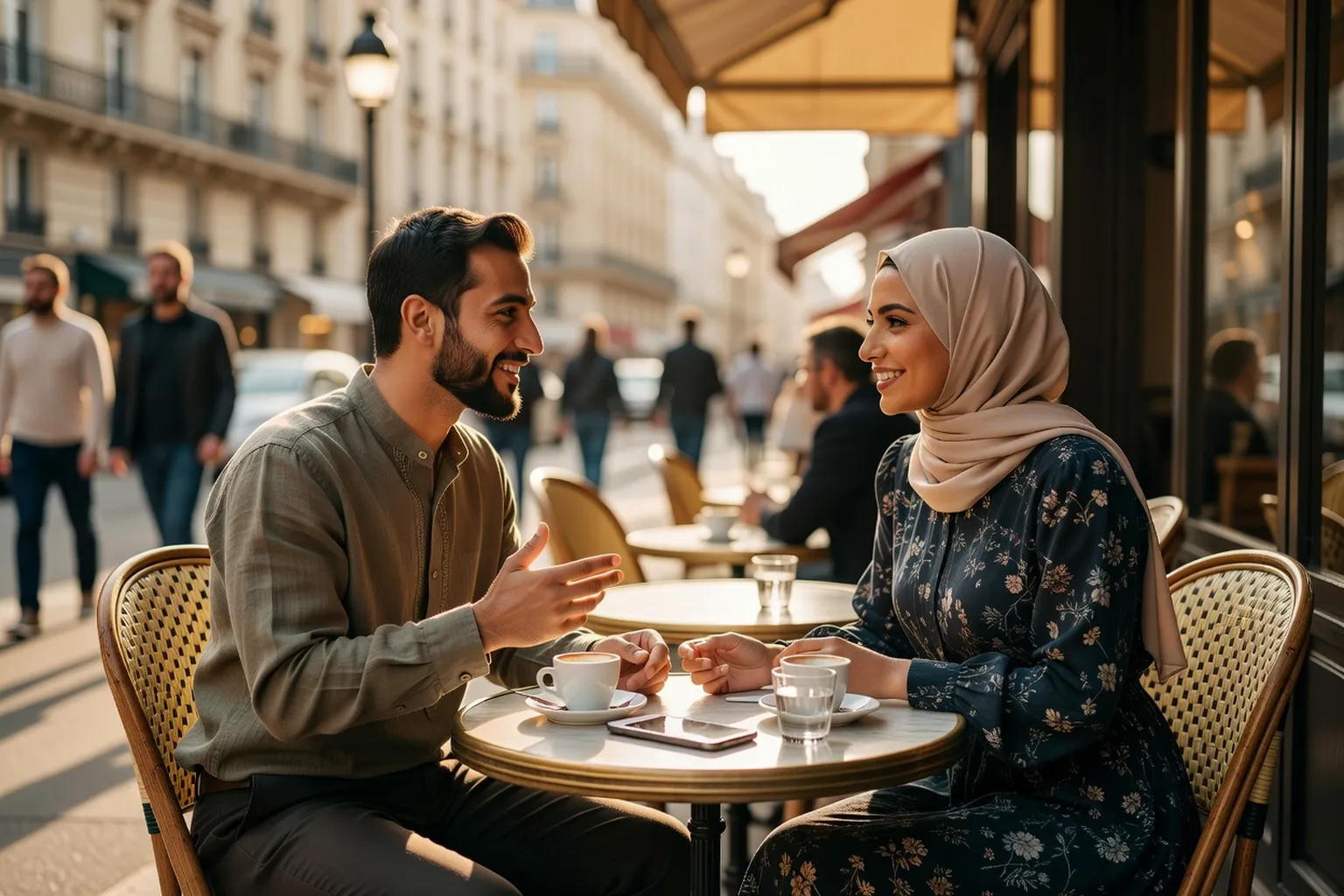 Couple maghrébin Paris café terrasse, smartphone, conversation animée