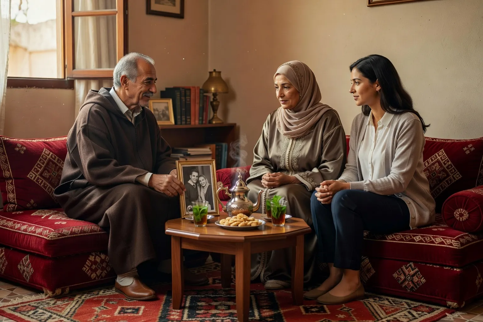 Salon familial maghrébin, parents et fille discutant autour d'un thé, présentation matrimoniale