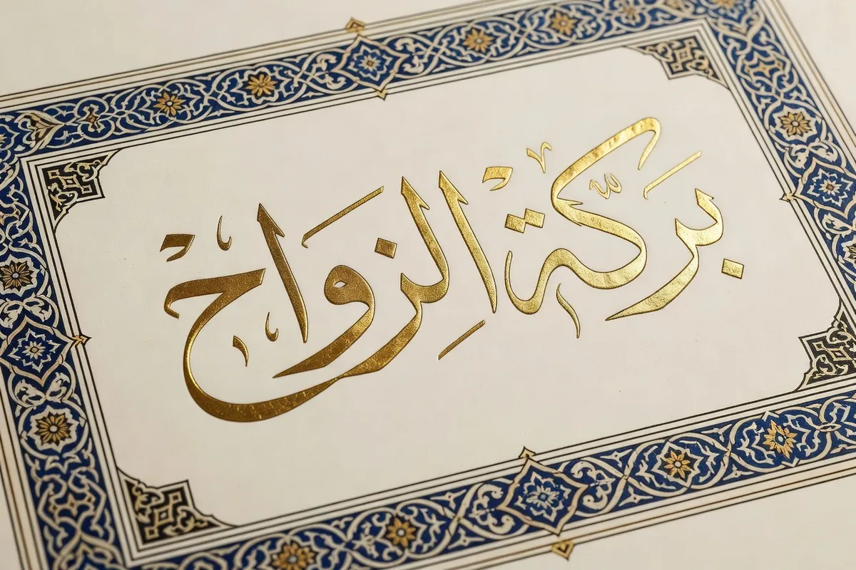 Traditional Islamic wedding decorations, calligraphy panel with golden Arabic letters, elegant table setting