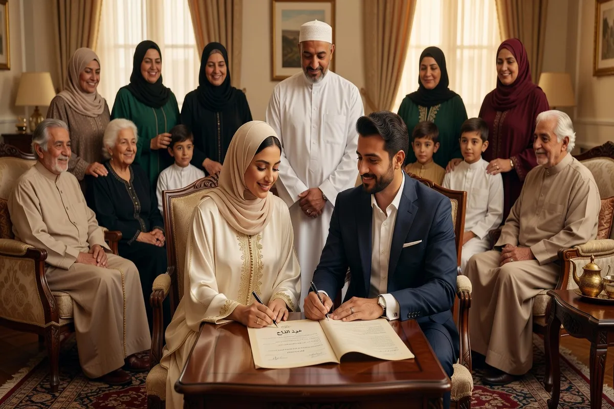 Young Muslim couple of Maghrebi appearance reading together from a book, modest library setting