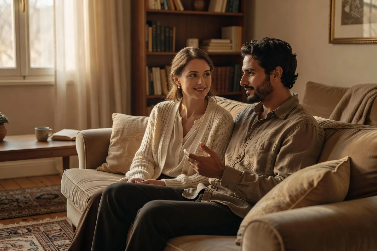 Couple mixte en discussion sereine sur leurs croyances