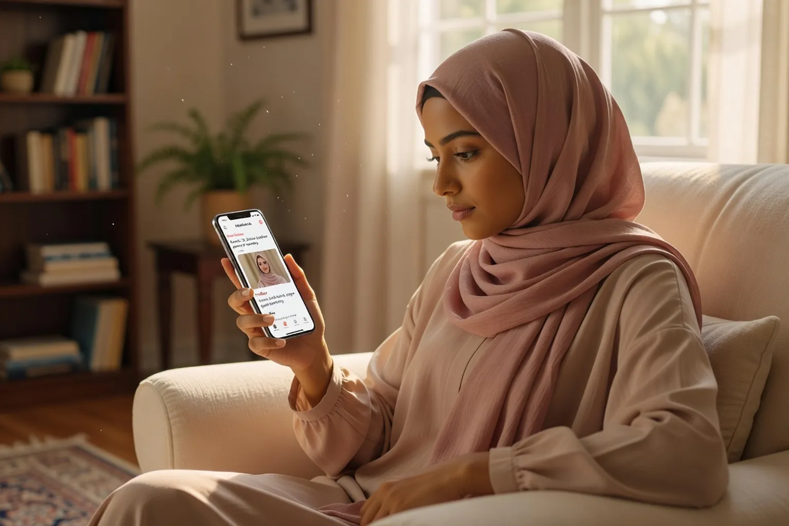 Jeune femme convertie à l’islam consultant une application de rencontre halal