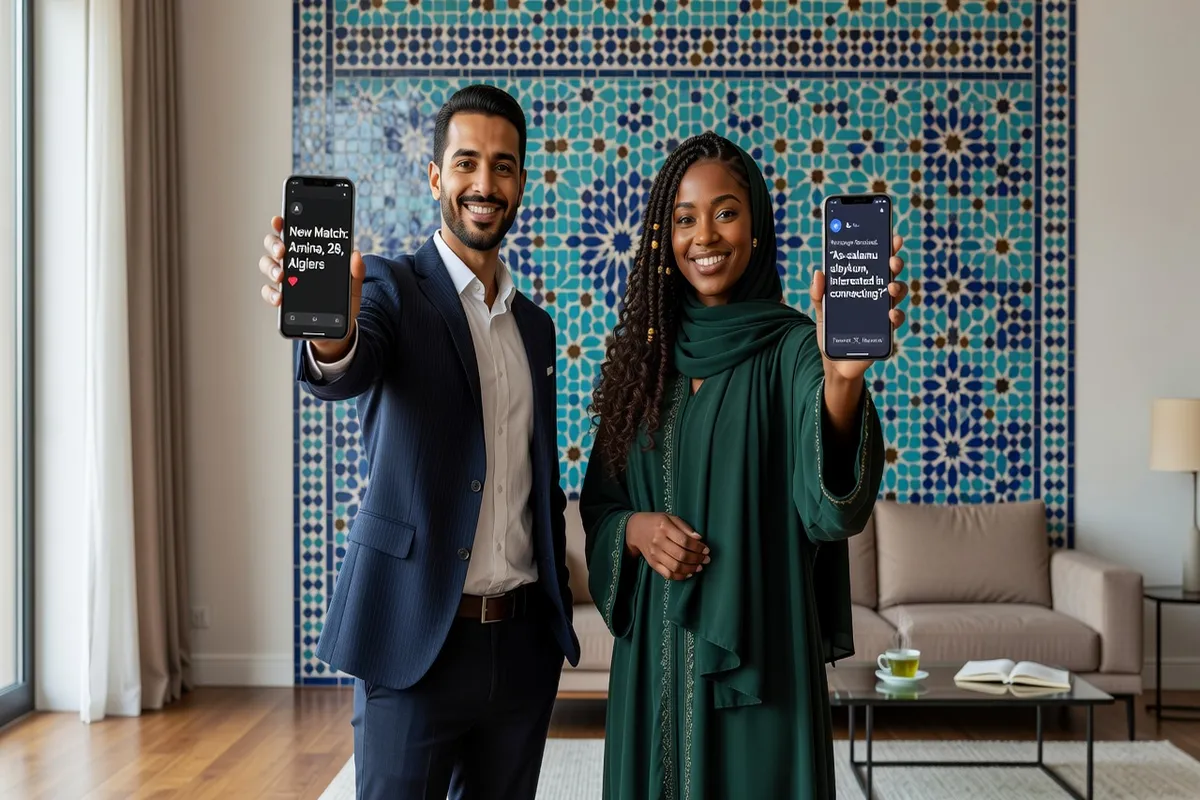Young Muslim woman of Maghrebi appearance smiling while using her smartphone, app notifications, editorial lifestyle photography