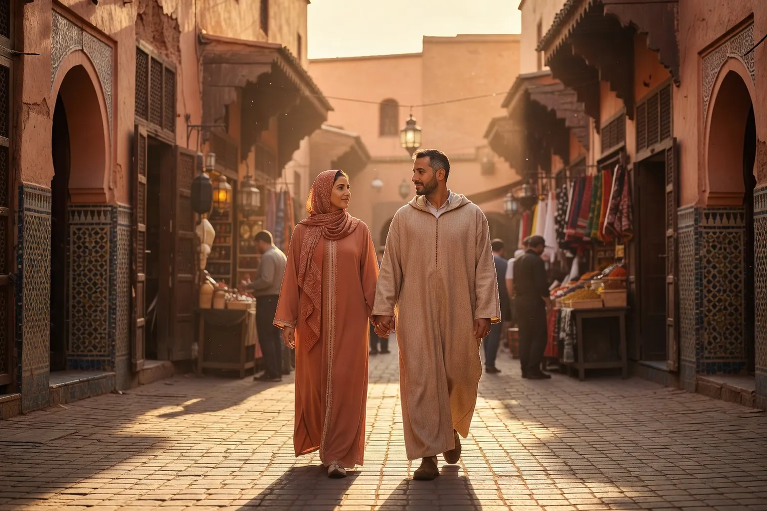 Couple maghrebin main dans la main dans la medina de Marrakech