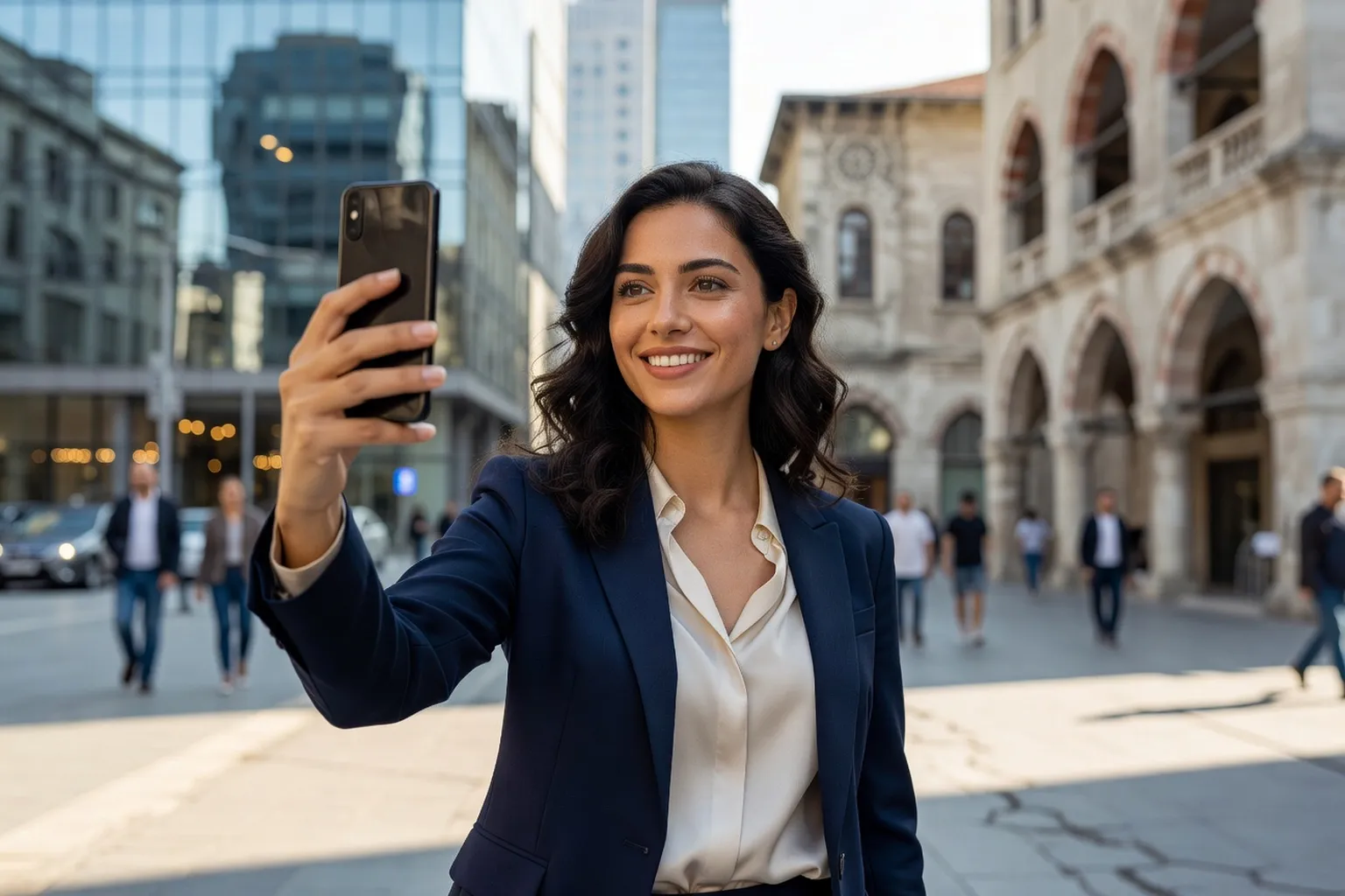 Jeune femme turque prenant un selfie en journee