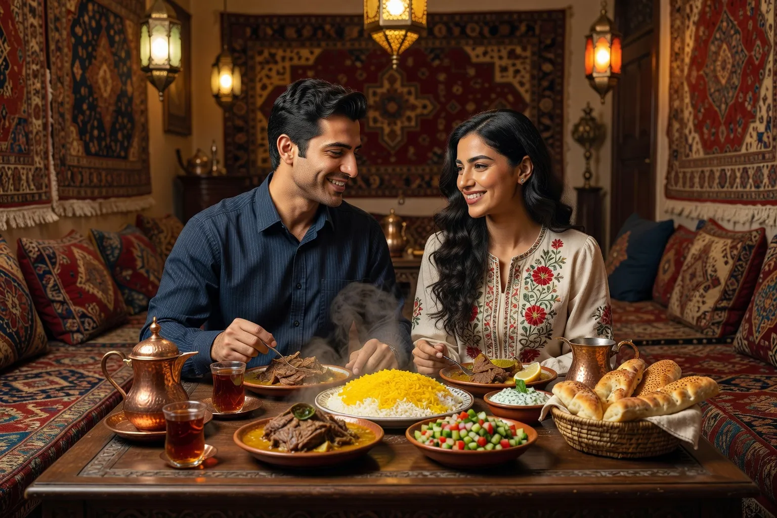 Couple iranien dans un restaurant persan traditionnel