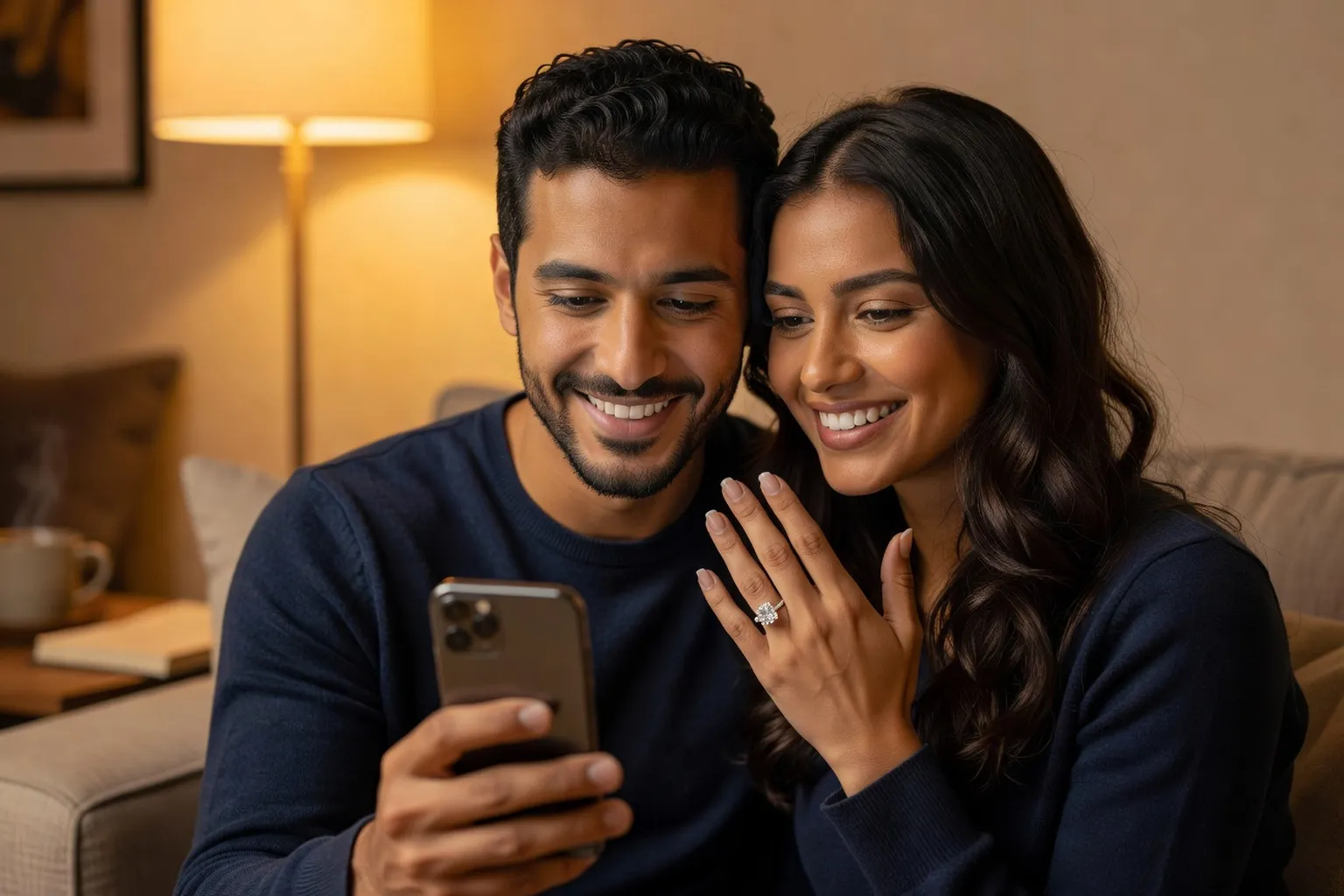 Couple moyen-oriental heureux regardant un smartphone ensemble