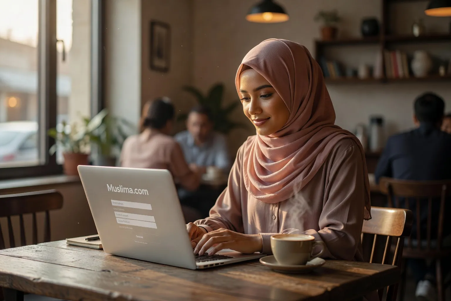 Femme avec hijab inscrite sur Muslima.com depuis un ordinateur