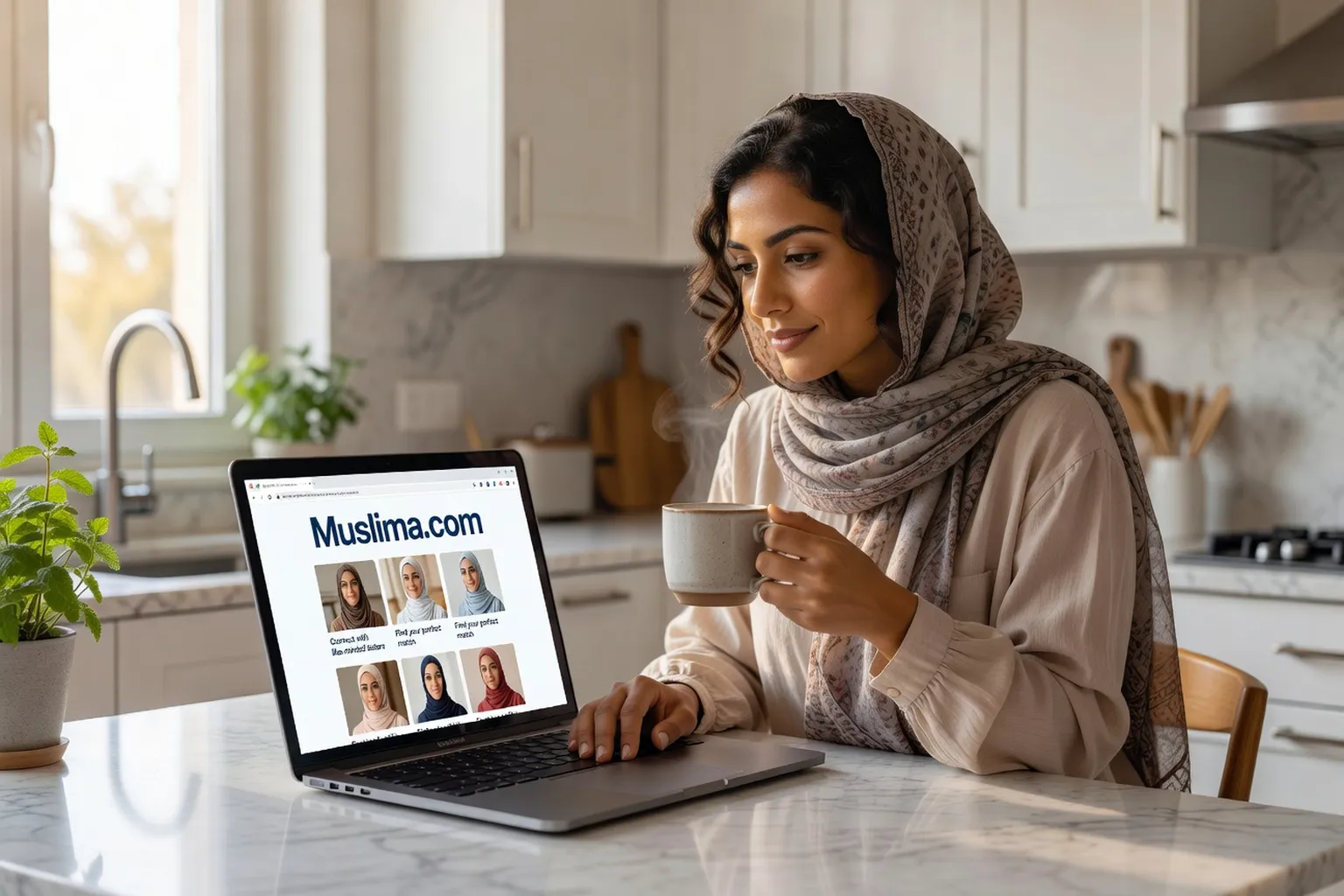 Femme maghrebine naviguant sur Muslima.com depuis son ordinateur