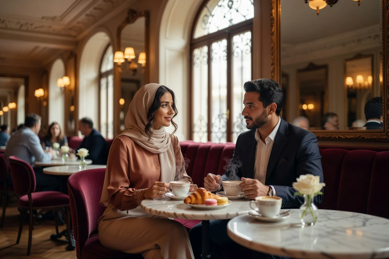 Couple maghrebin en rendez-vous dans un cafe parisien