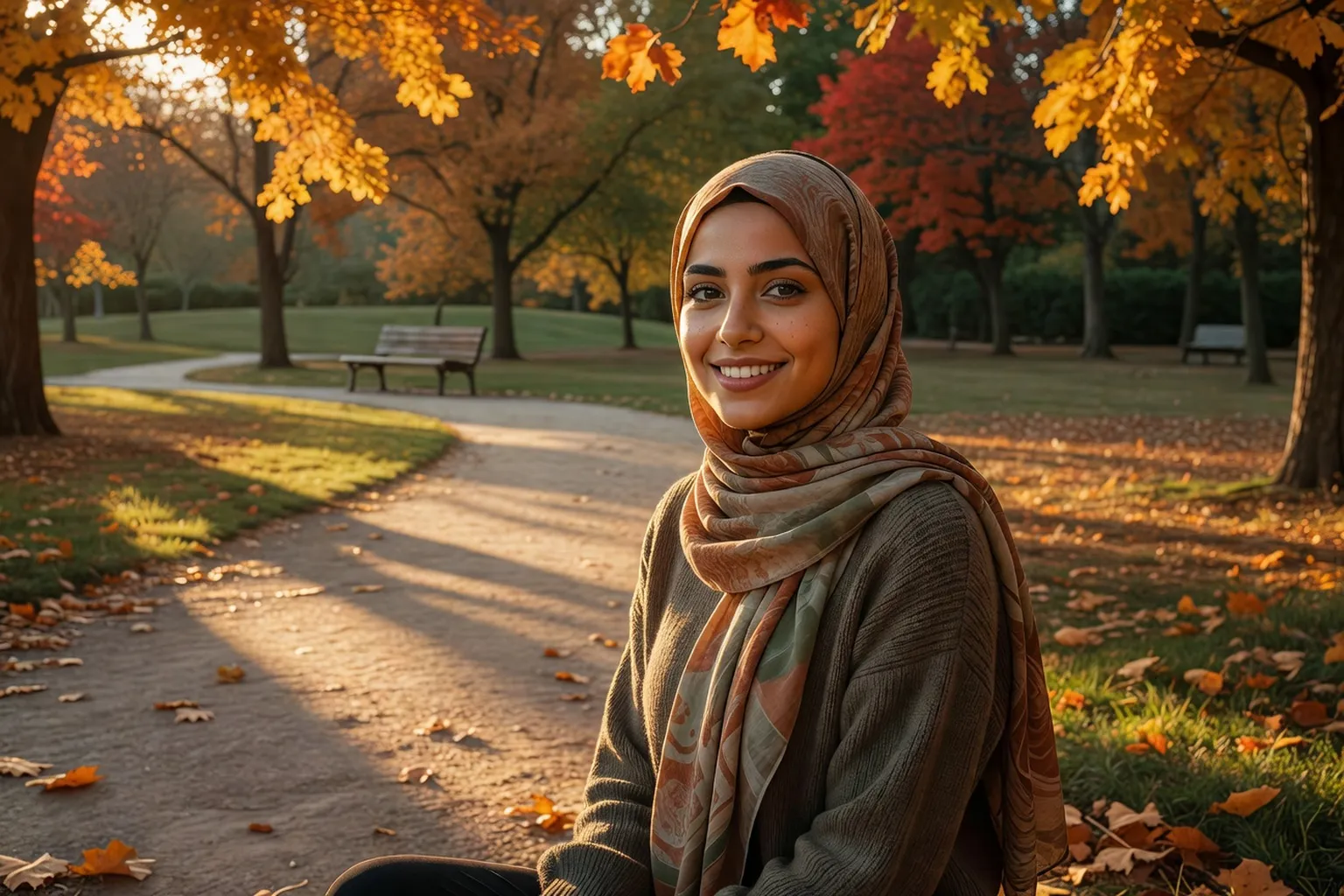 Jeune femme moyen-orientale souriante avec hijab dans un parc