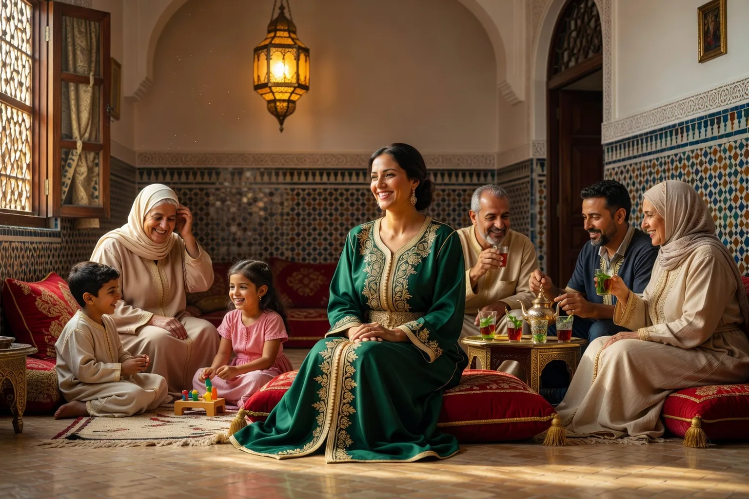 Femme maghrebine en caftan traditionnel lors d une fete familiale