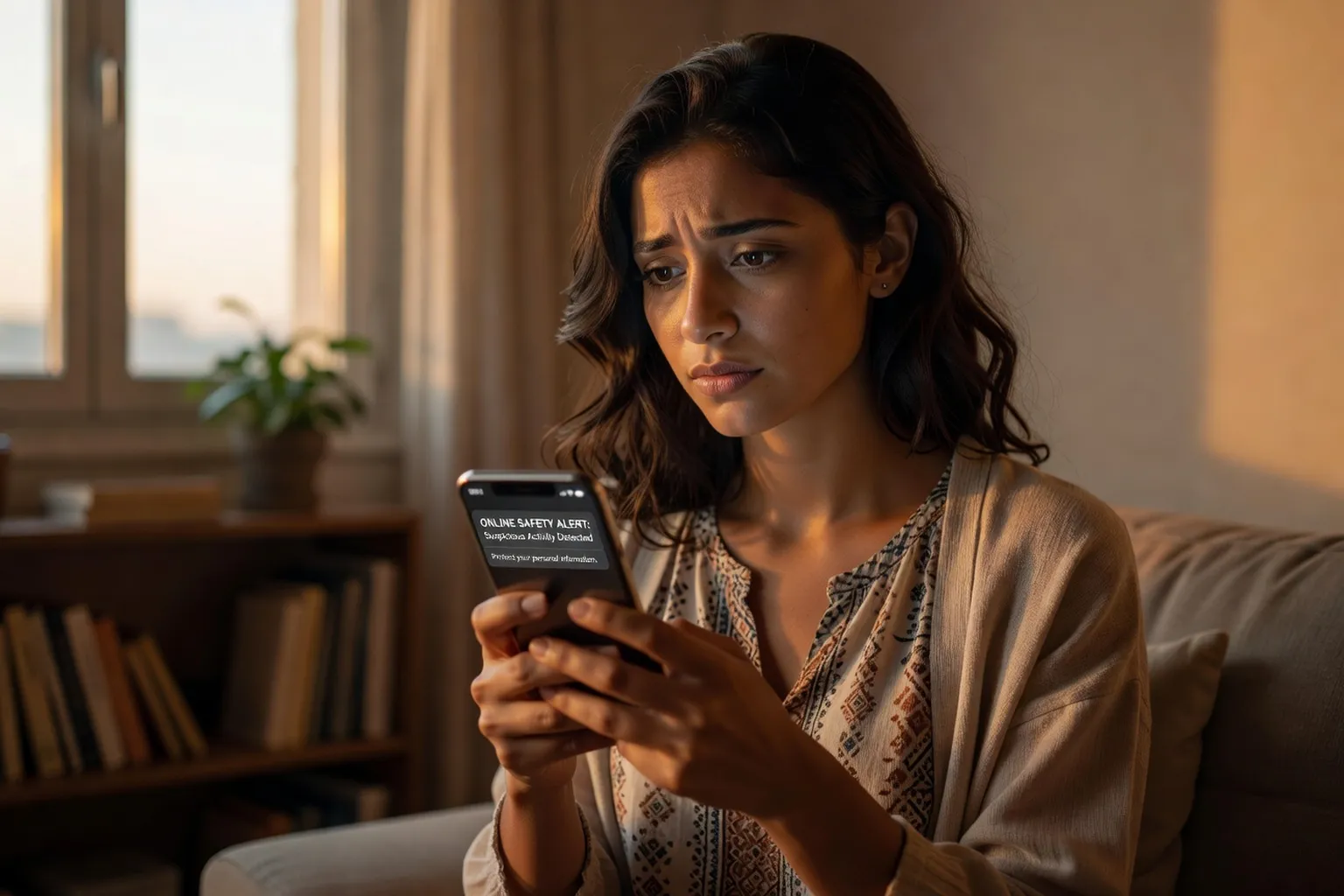 Femme maghrebine verifiant son smartphone avec prudence