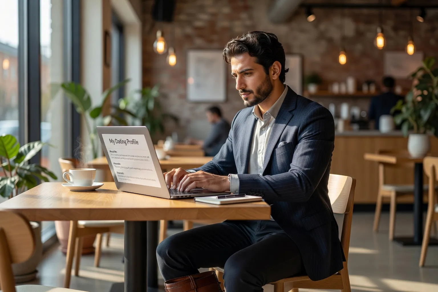 Homme moyen-oriental redigeant son profil au cafe