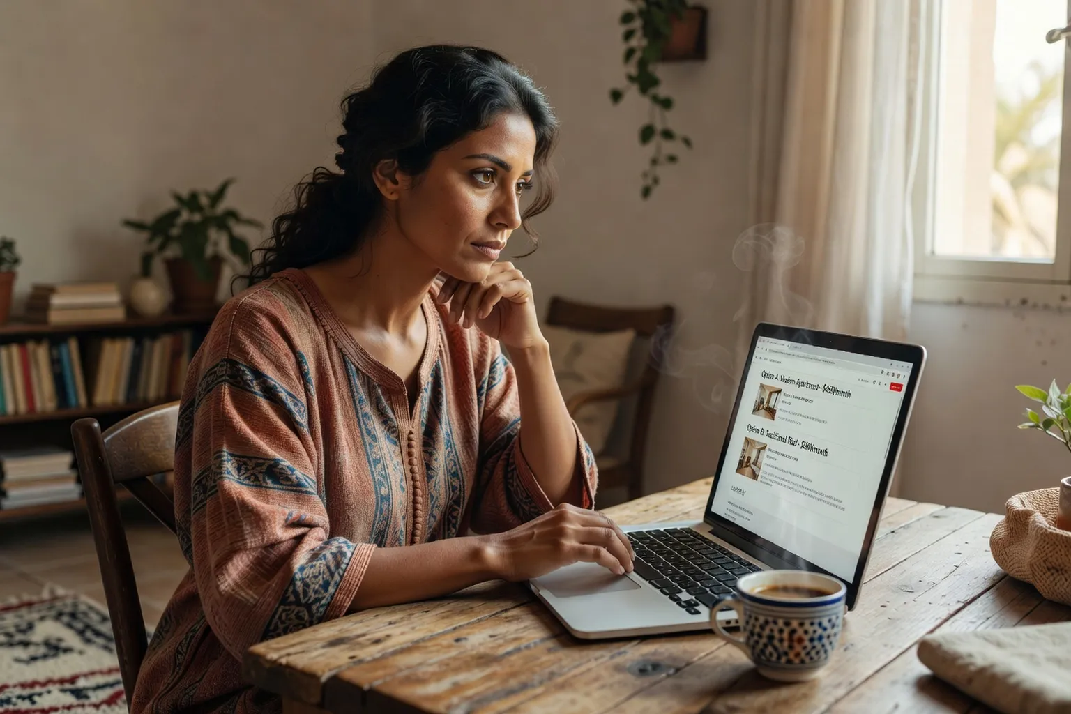 Femme maghrebine comparant les options sur son ordinateur