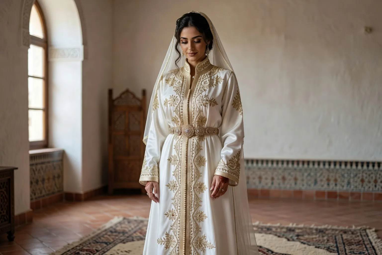 Mariee maghrebine en caftan blanc et broderies dorees