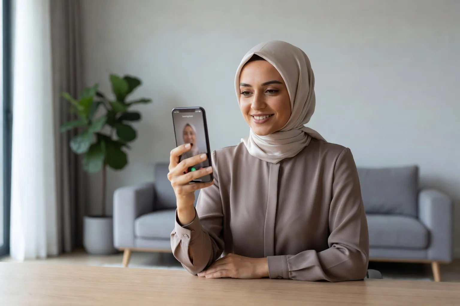 Femme turque en appel video depuis chez elle