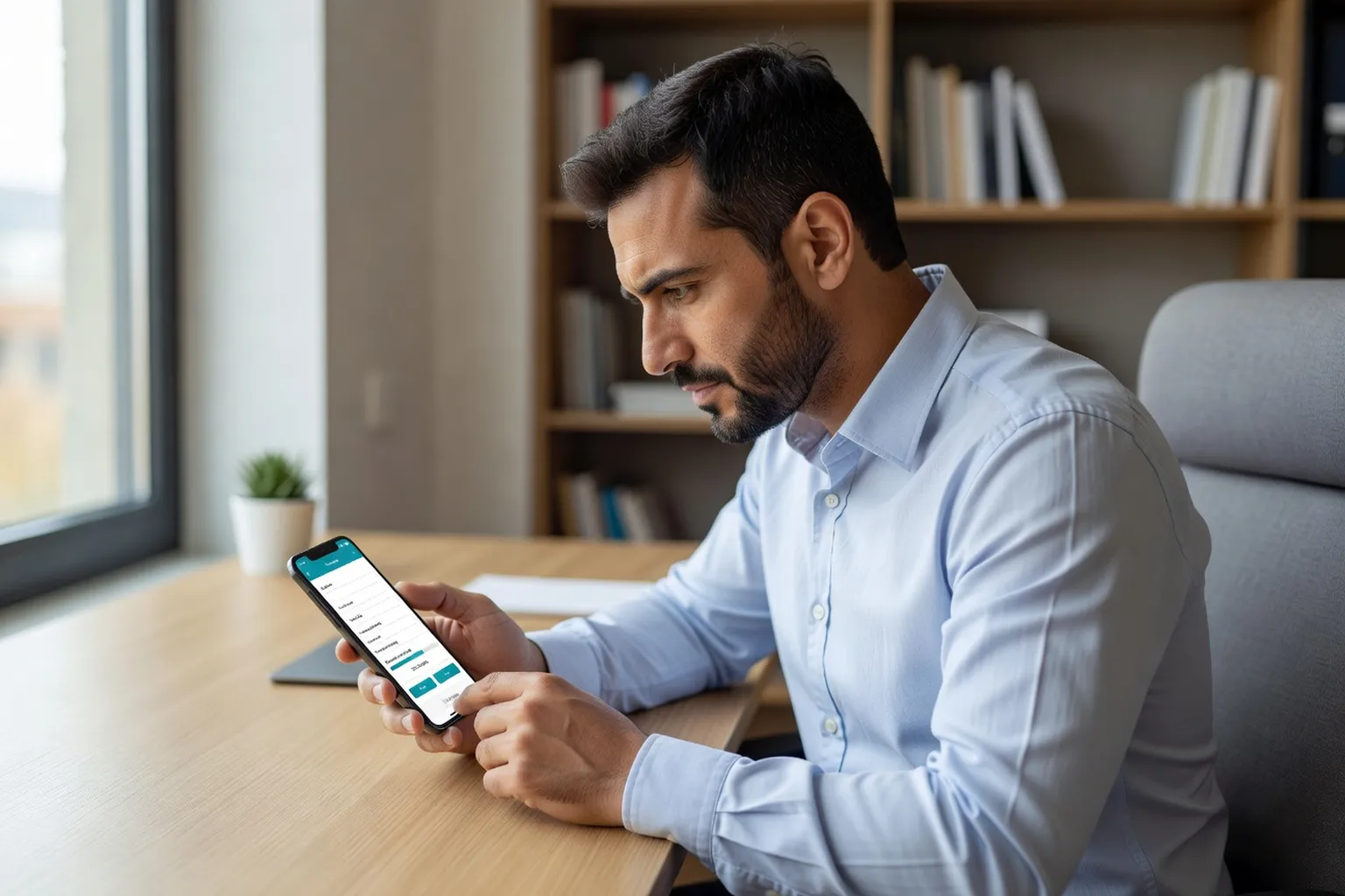 Homme moyen-oriental completant son profil sur smartphone