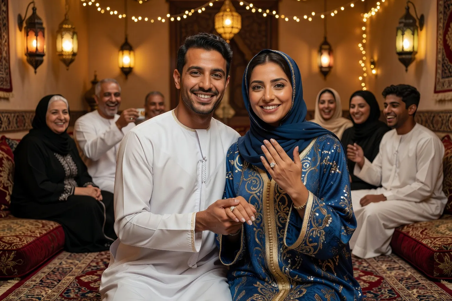 Couple moyen-oriental heureux celebrant leurs fiancailles