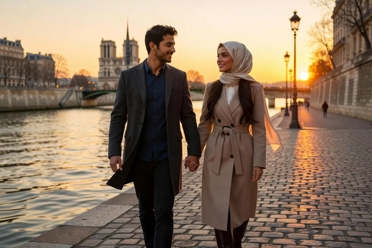 Couple turc marchant le long de la Seine au coucher du soleil