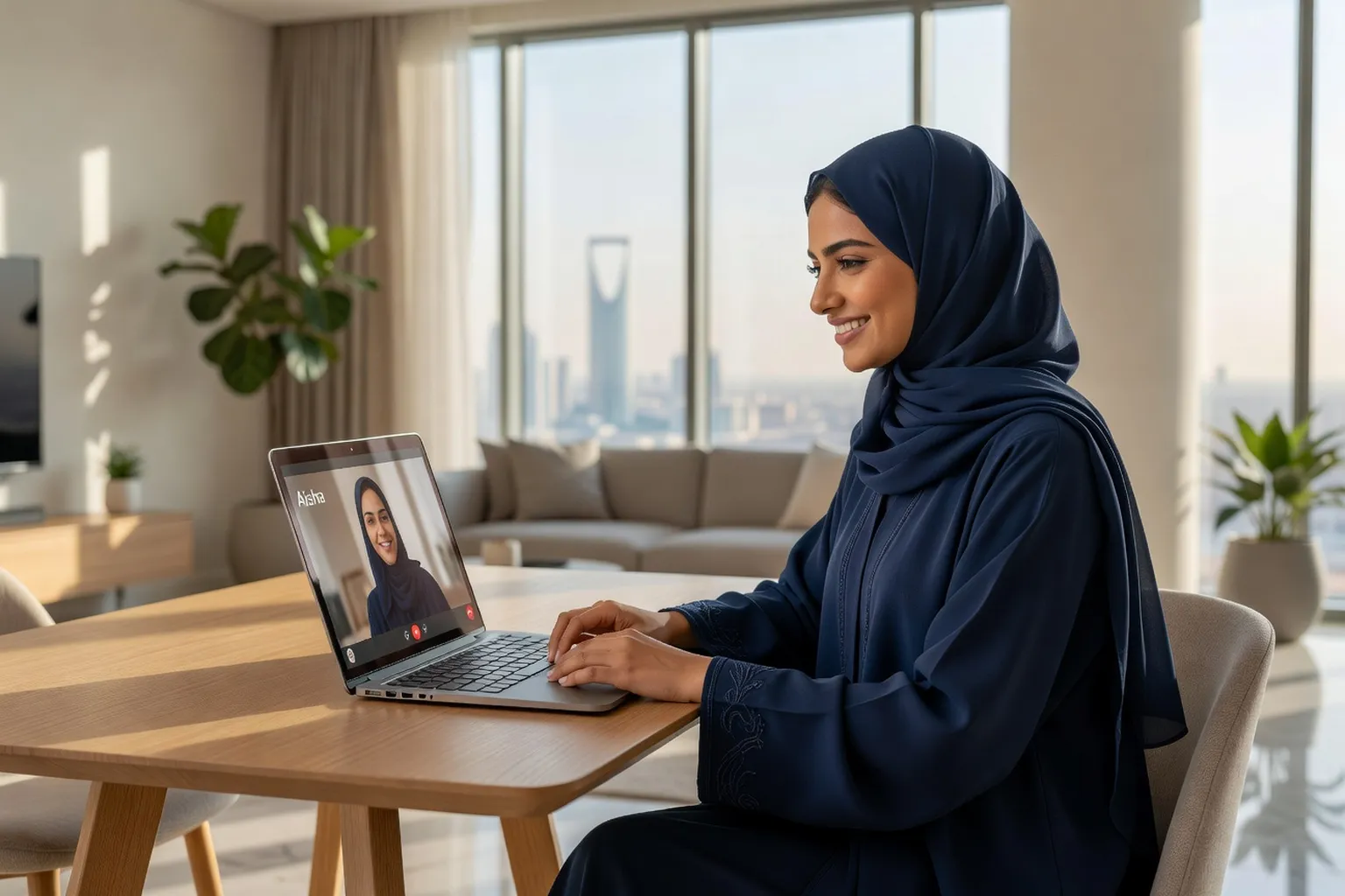 Jeune saoudienne en appel video depuis son appartement