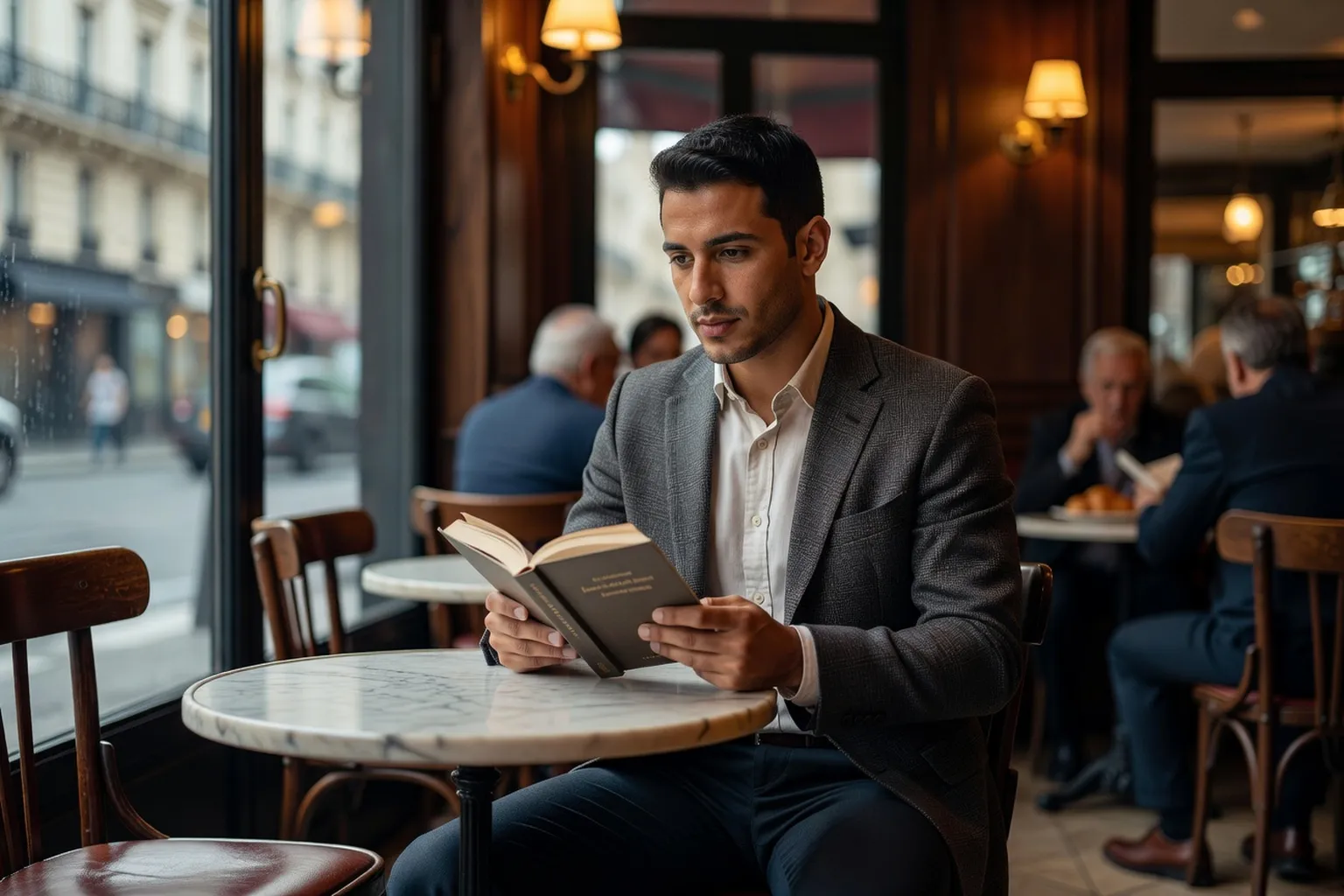 Jeune homme maghrebin lisant dans un cafe parisien