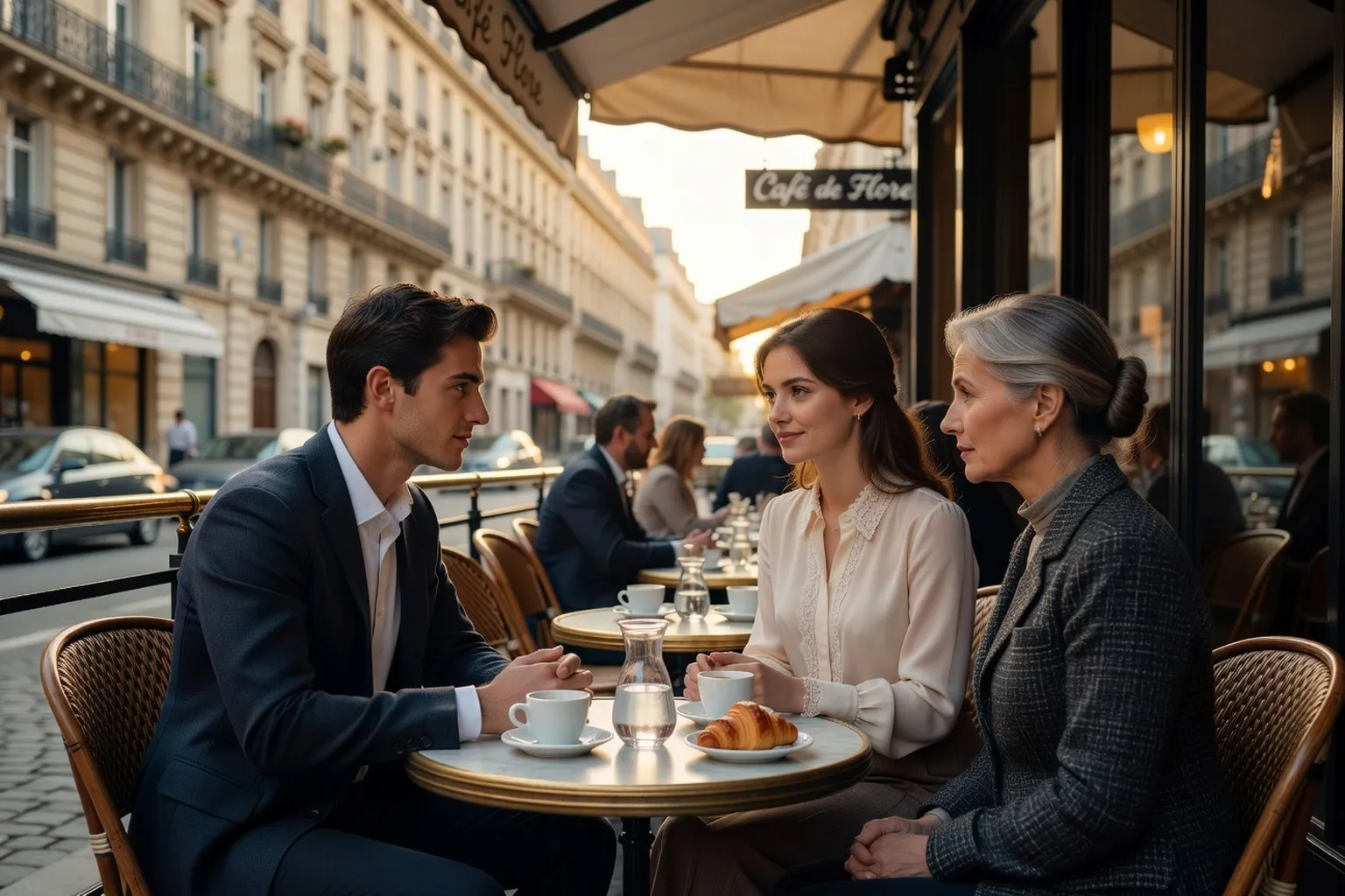 Couple discutant de mariage avec chaperon dans un cafe