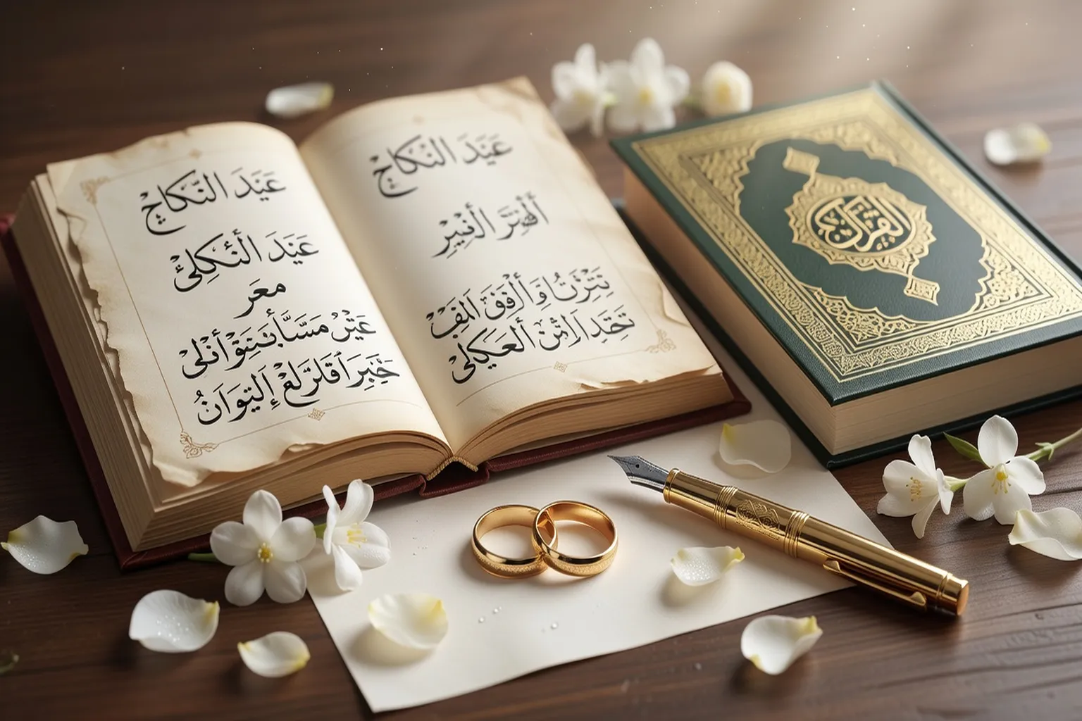 Livre de calligraphie arabe ouvert avec des pages dorées, thème lexique mariage islamique