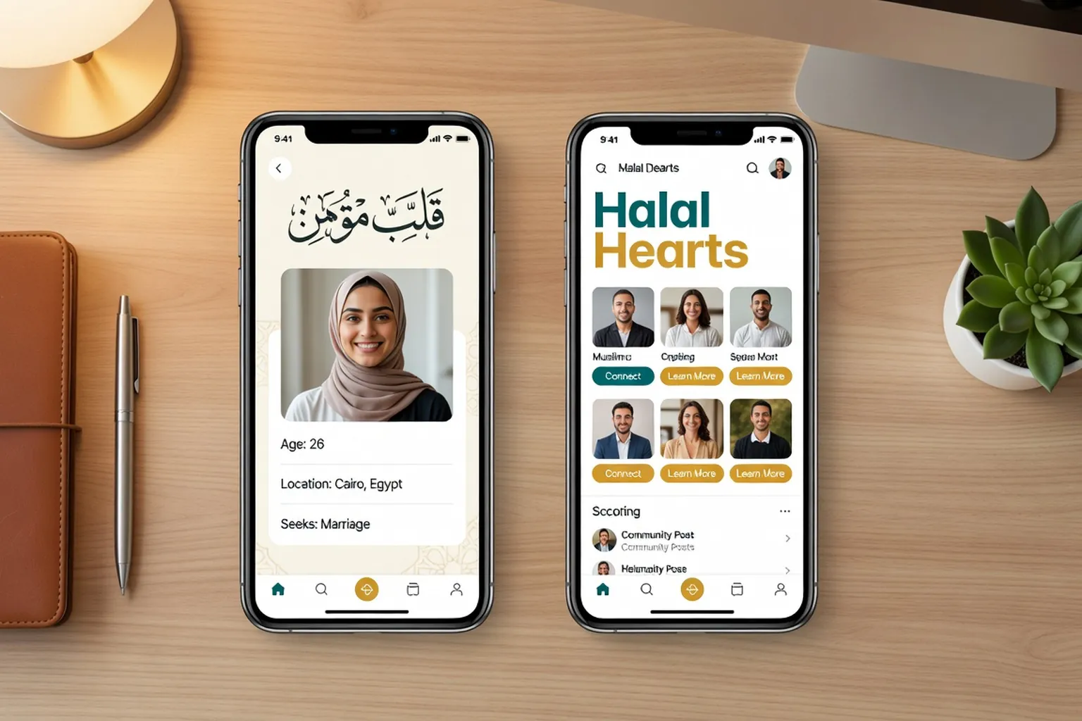 Deux smartphones cote a cote montrant Mektoube et Muslima, comparatif editorial