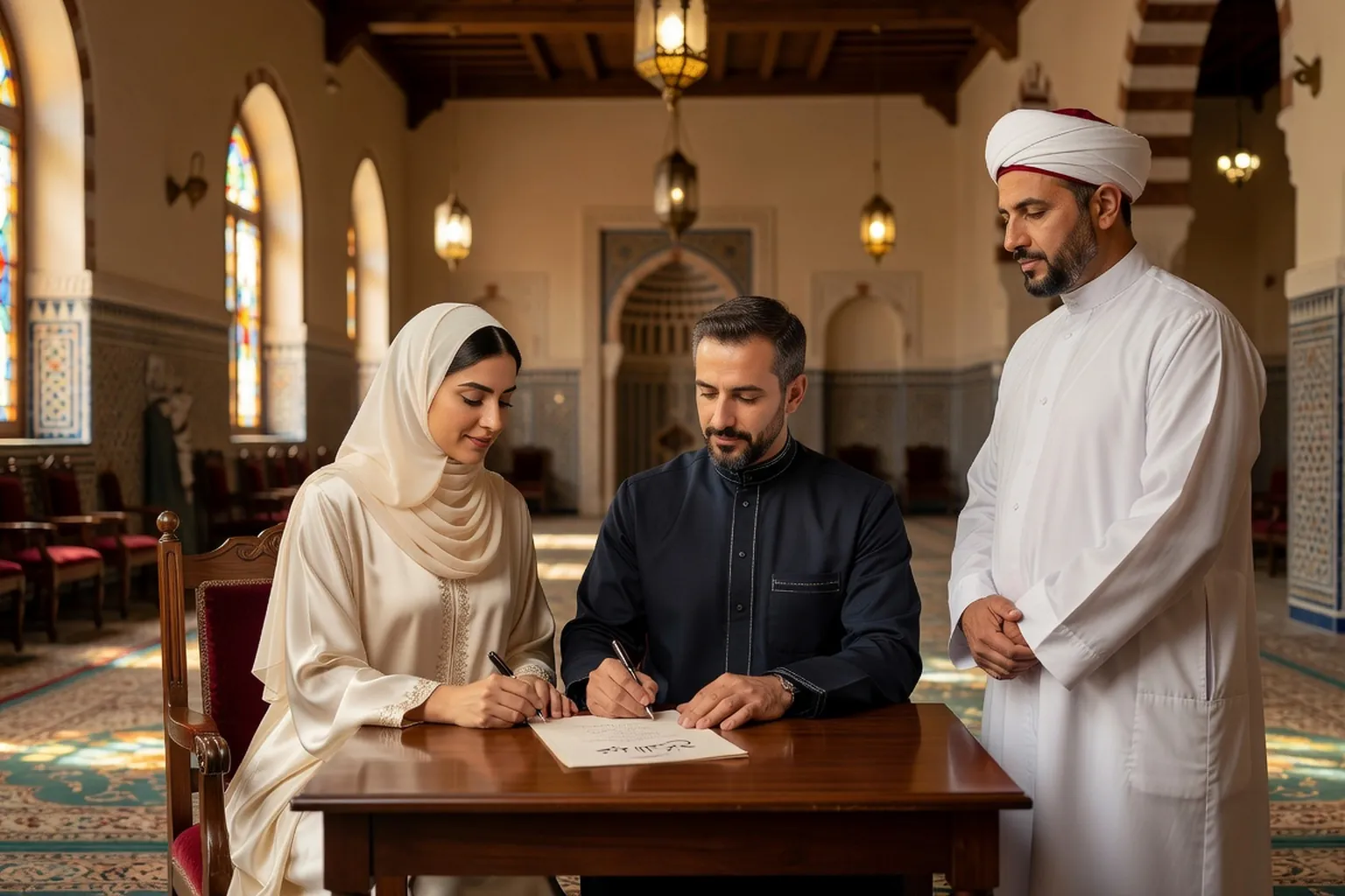 Ceremonie de nikah dans une mosquee francaise, imam et maries