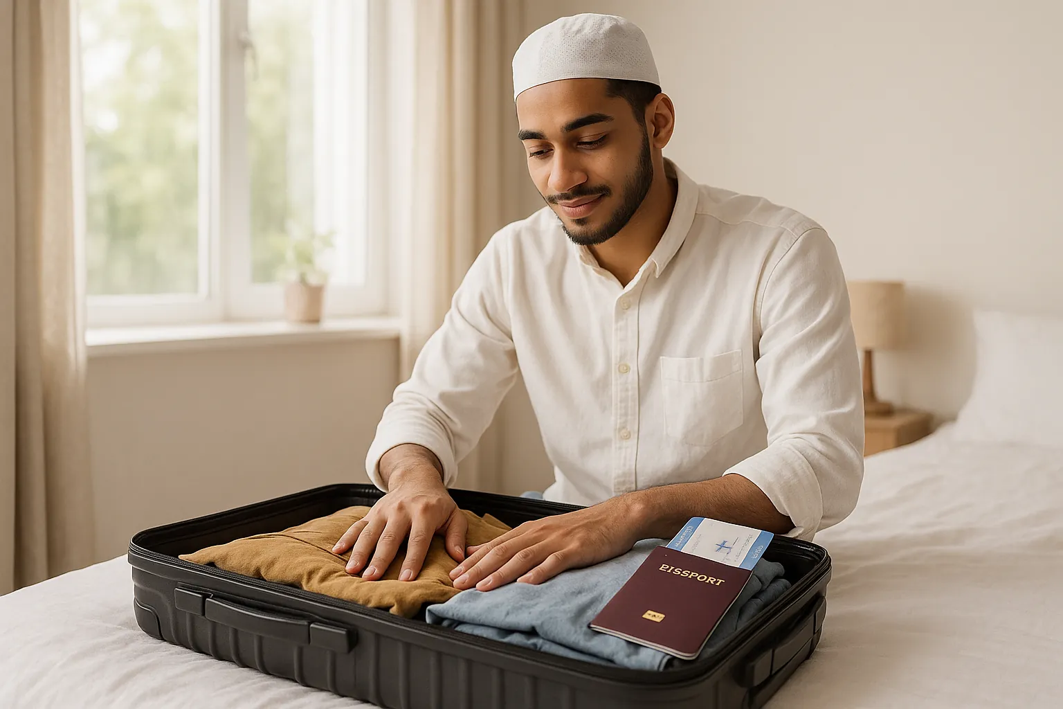 Jeune homme musulman préparant sa valise pour un premier voyage à l'étranger
