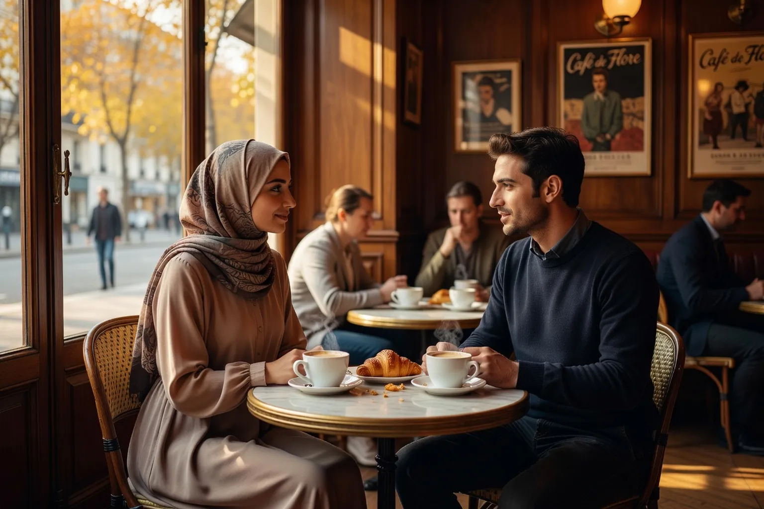 Jeune couple musulman discutant respectueusement dans un cafe parisien