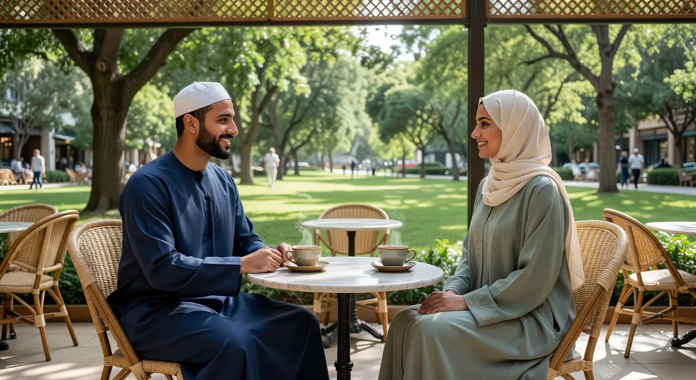 Couple halal dans un espace public ensoleillé, ambiance positive