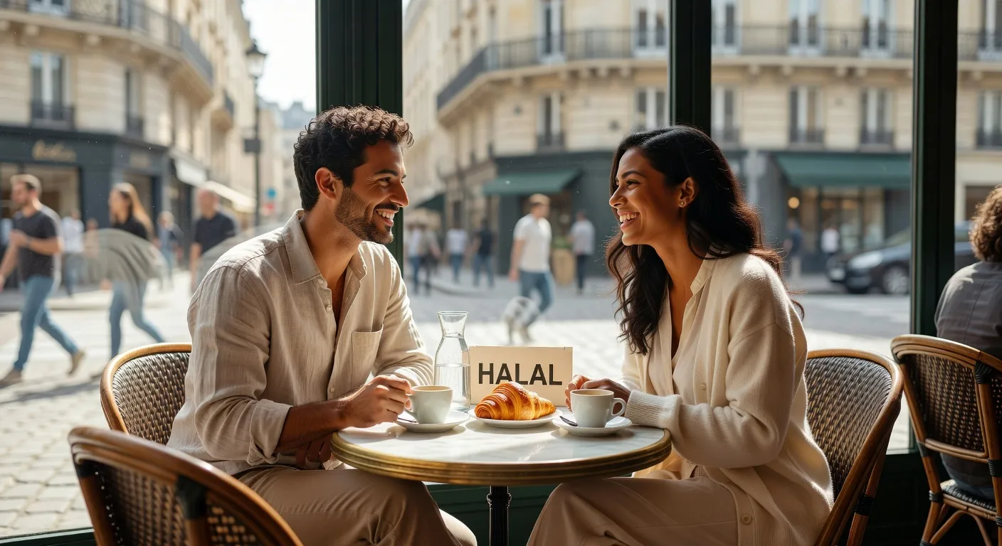 Couple franco-maghrébin dans un café parisien après s'être rencontré sur Inchallah.com
