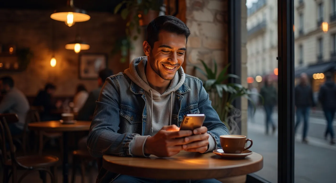 Homme franco-maghrébin souriant en consultant l'application Mektoube sur son téléphone