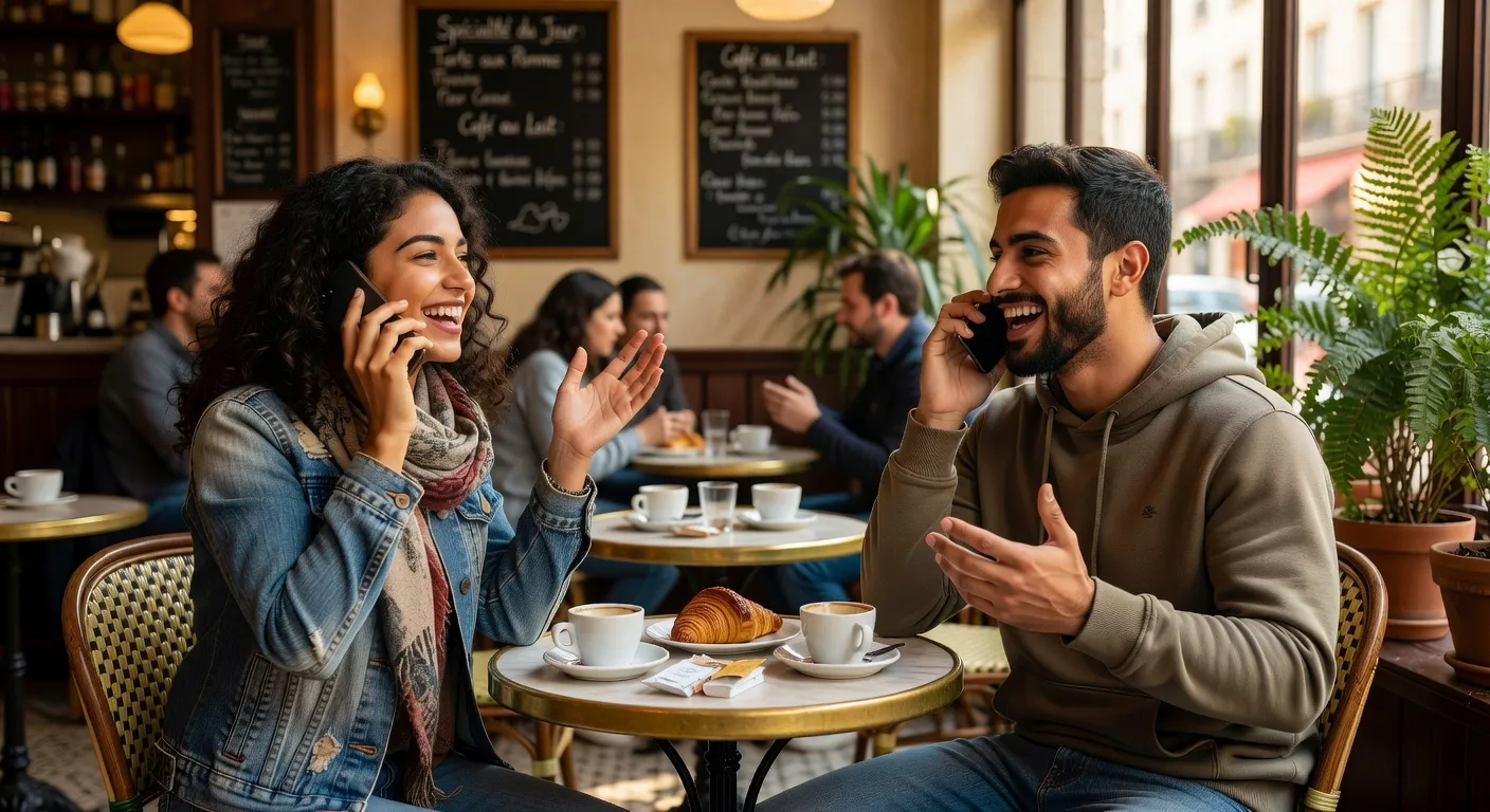 Échange téléphonique amical entre jeunes franco-maghrébins dans un café